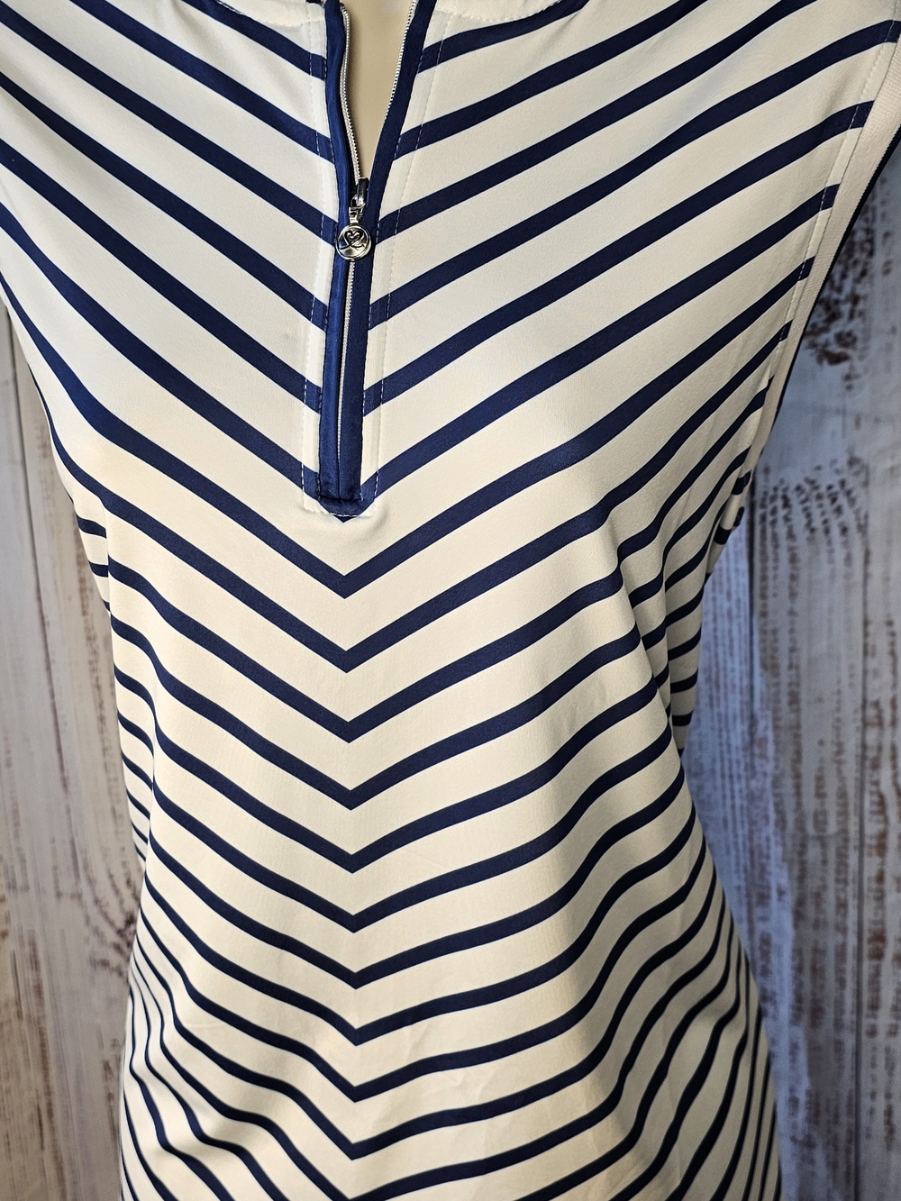 Daily Sports W Large Sleeveless Golf Top Navy White Striped Quarter Zip NWT